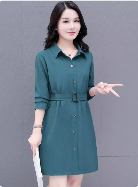 翻领斜纹磨毛中长款连衣裙女士2025年春季新款打底内搭妈妈款裙子